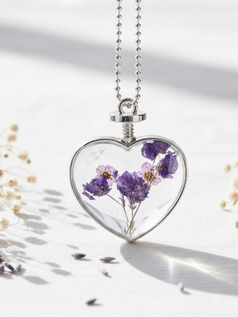 Heart Necklace Pressed Flower Pendant Botanical Resin Dried Flowers